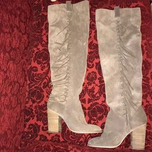 Thigh high suede leather fringe boots